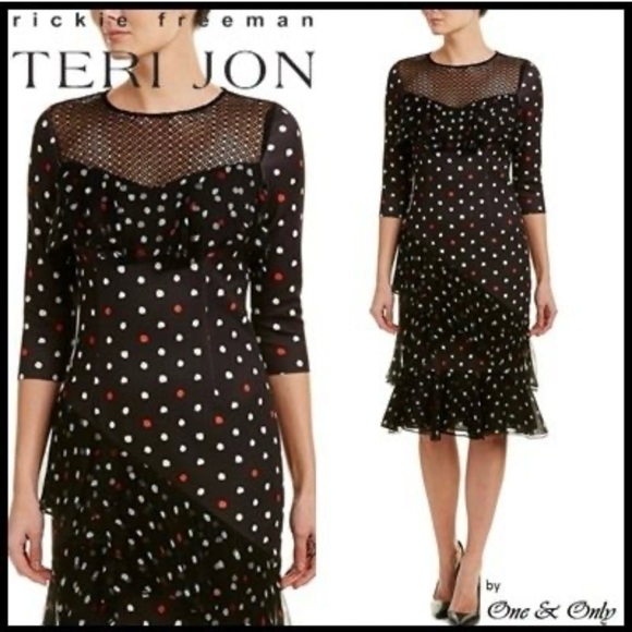 Teri Jon Polka Dots Dress Black Lace Ruffles Sheath Midi Flamenco Modest Event